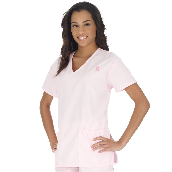 1302-21 - Ladies - 2 Pocket V-Neck Top - Breast Cancer Awareness Ribbon Embroidery