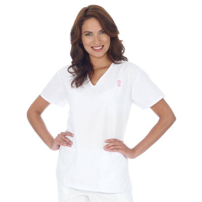1302-11 - Ladies - 2 Pocket V-Neck Top - Breast Cancer Awareness Ribbon Embroidery