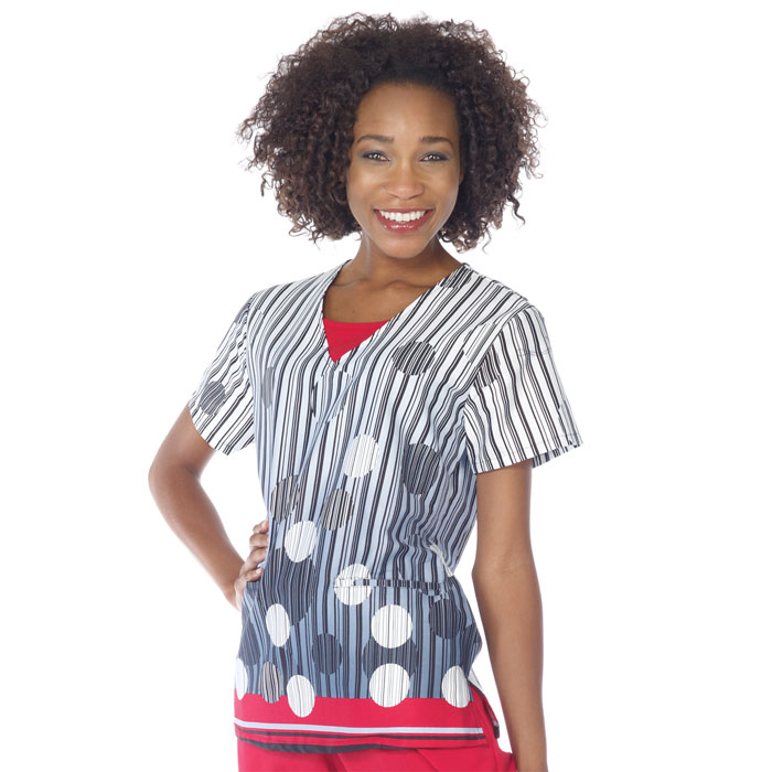 WS Gear - 5787-397 - Shaped Neck Border Print Top with Contrast Knit Insert - Fashion - Border Dot Red