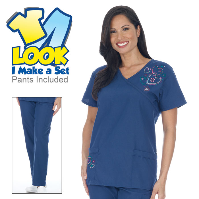 7080-14 - Embroidered Hearts Scrub Set - Navy Blue
