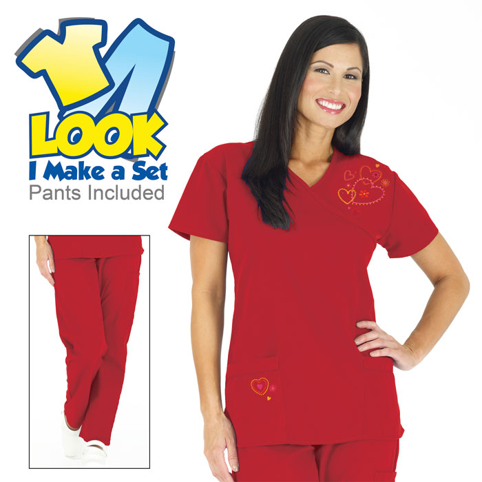 7080-16 - Embroidered Hearts Scrub Set - Red
