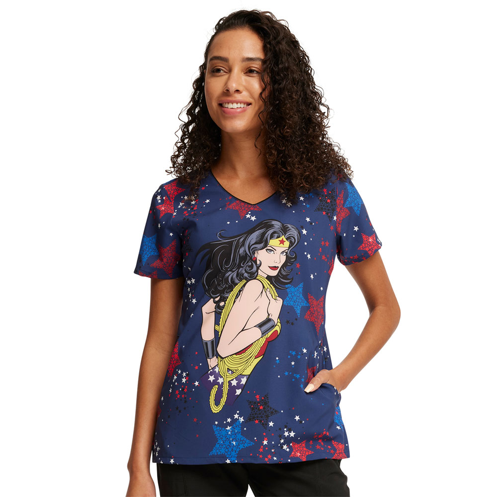 Cherokee Licensed - TF626-DMGN - V-Neck Scrub Top - HANG WITH THE STARS