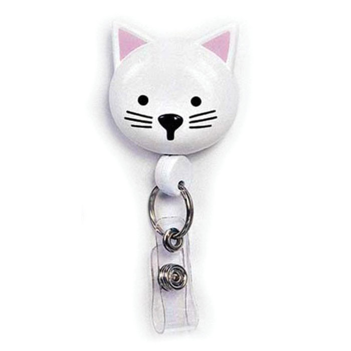 100107 - Retractamals - White Cat - ID Badge Holder