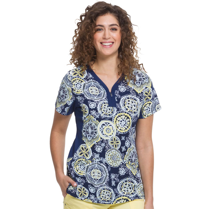 Y-Neck Knit Side Panel Scrub Top, GLITTERING LIGHTS