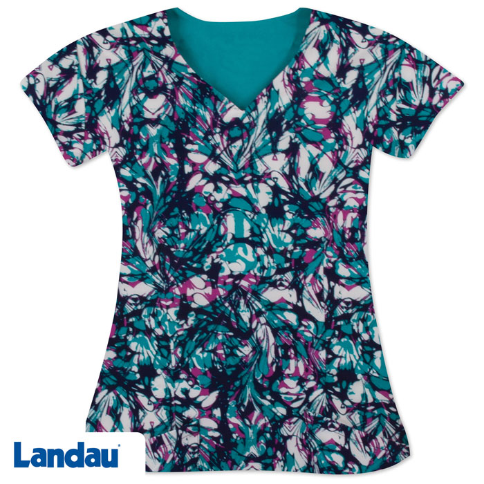 Landau Urbane - Womens Urbane Surplice Print Top - Marbled Teal - 9072-MTDP