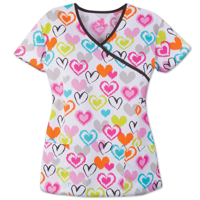 9903-1241 - Ladies Mock Wrap Top - Pixel Hearts