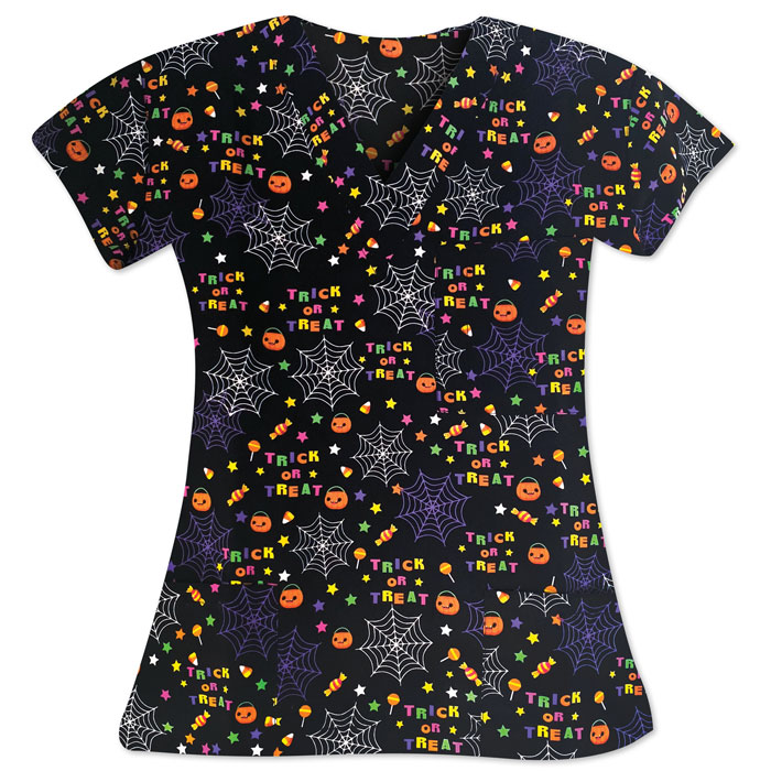 9904-3028 - Ladies 3 Pocket V-Neck Top - TRICK OR TREAT