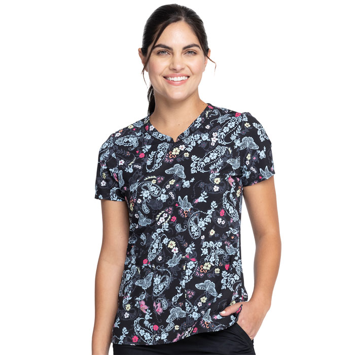 Cherokee-Prints-CK678-FUBM-V-Neck-Scrub-Top-Flutter-Blooms