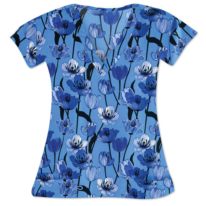500V-1533BL-Ladies-2-Pocket-V-Neck-Top-VIOLET-TULIPS