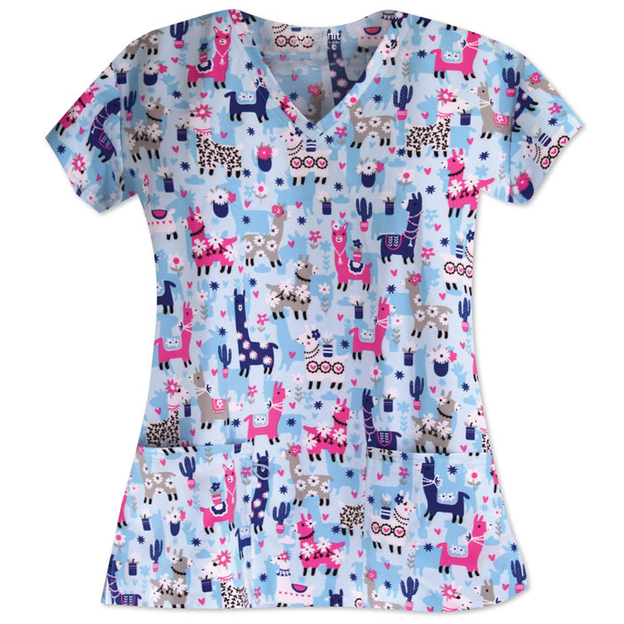 5284-1960 - Ladies 2 Pocket V-Neck Top - PRETTY LLAMAS