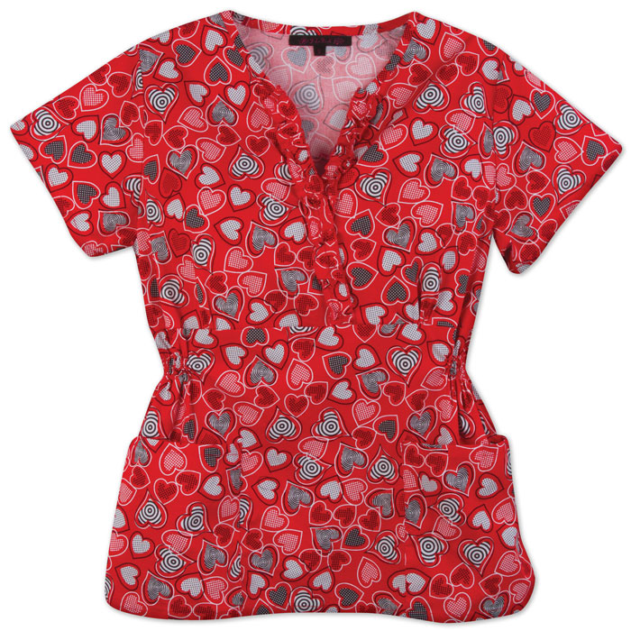 53P-614 - Ladies Ruffle Front V-Neck Top - Red Hearts