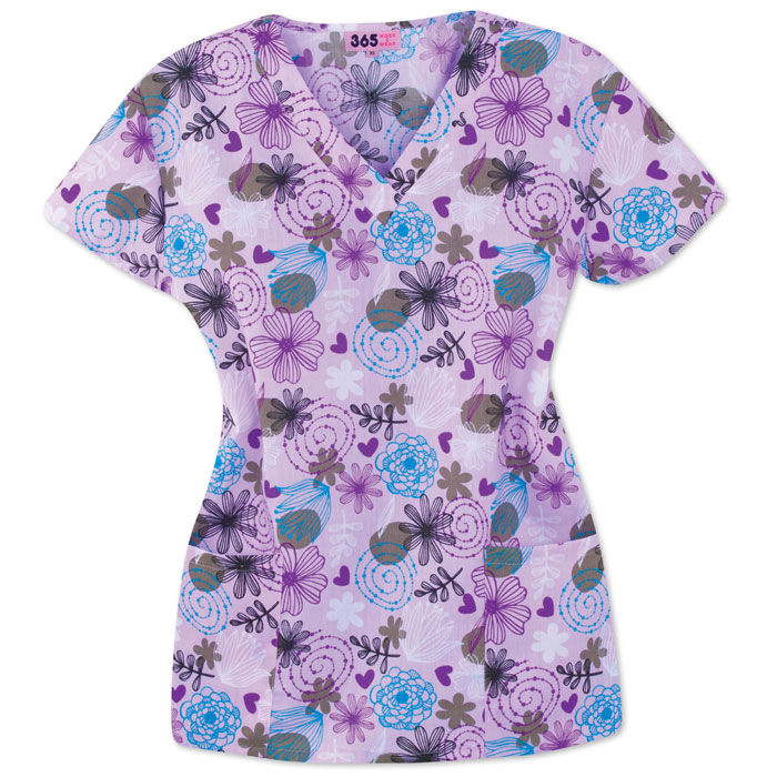 9000-1096 - Ladies V-neck Scrub Top - Lined Floral