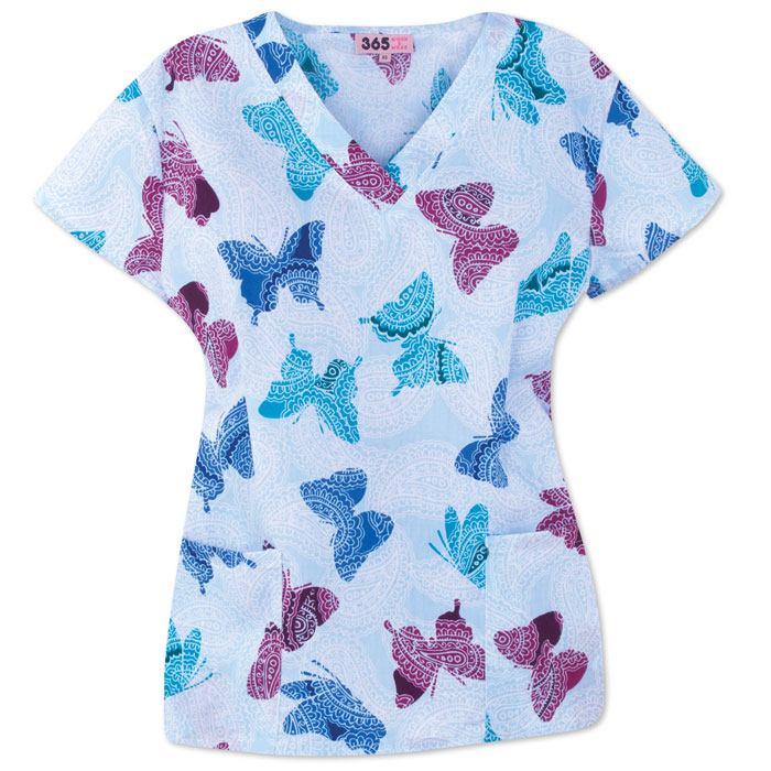 9000-1103 - Ladies V-neck Scrub Top - Paisley Butterfly