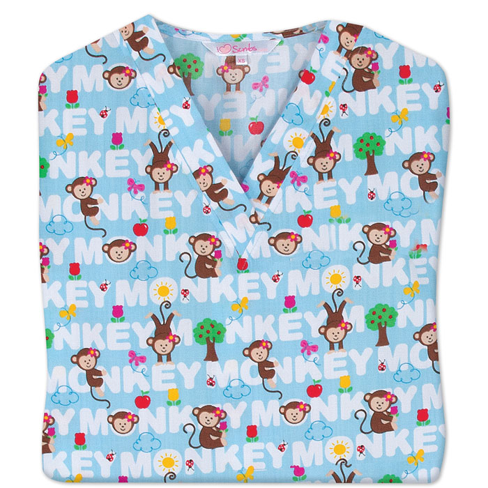 9000-651 - Ladies V-neck Scrub Top - Monkey See Monkey Do