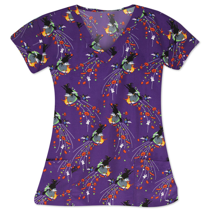 9000M-1444 - Ladies 2 Pocket V-Neck Top - WHICH WITCH