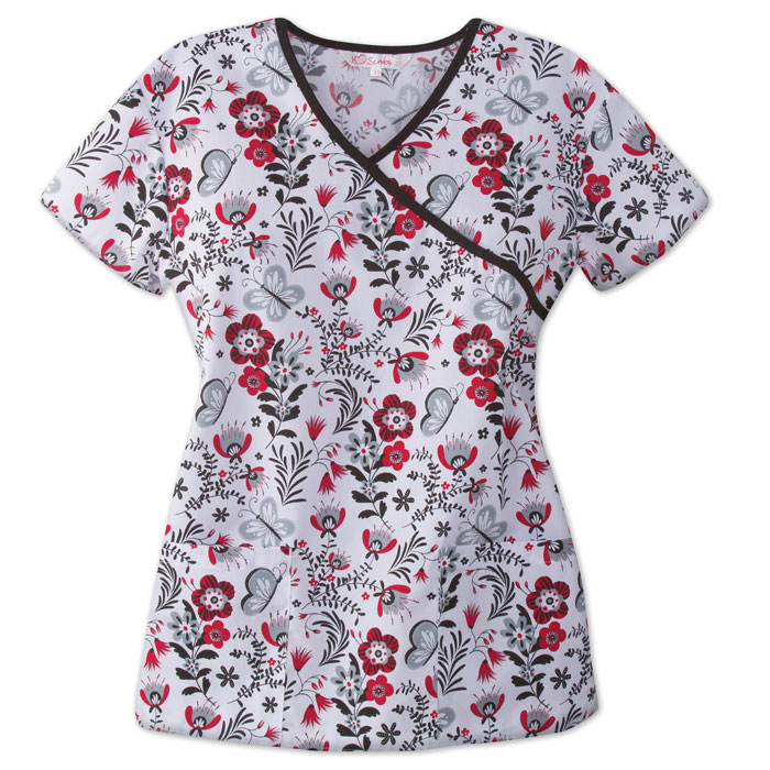 9903-1085RD - Ladies Mock Wrap Top - B and W Flower Time
