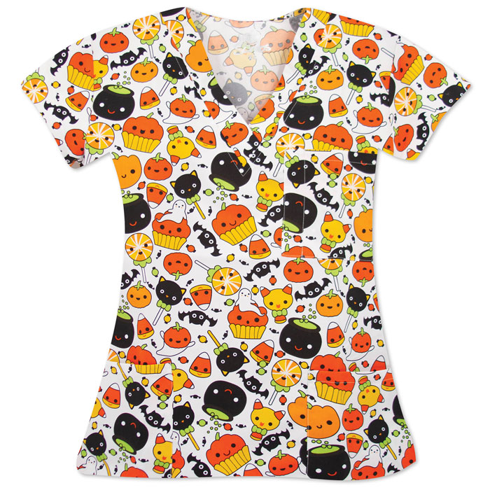 9904-1751 - Ladies 3 Pocket V-Neck Top - HALLOWEEN TREATS