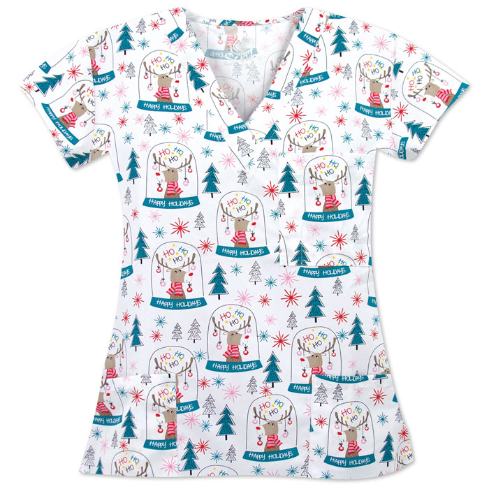 9904-1774M - Ladies 3 Pocket V-Neck Christmas Top - SNOW GLOBE