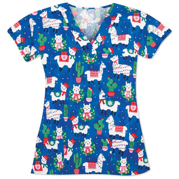 9904-1777M - Ladies 3 Pocket V-Neck Christmas Top - MERRY LLAMA-DAYS