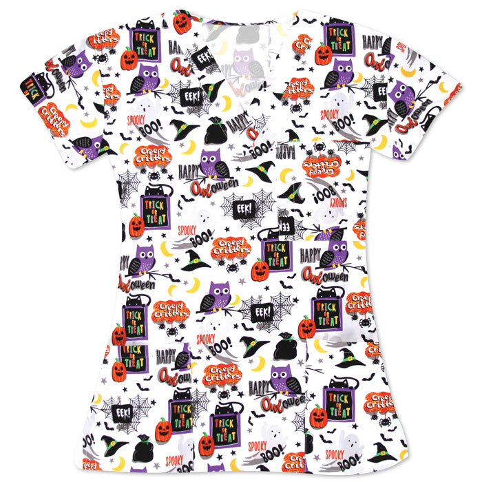 9904-1991M - Ladies 3 Pocket V-Neck Top - HAPPY OWL-OWEEN