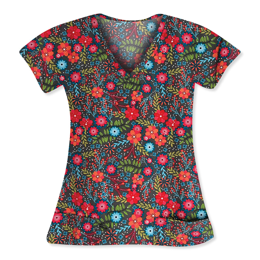5284-3226S-Ladies-2-Pocket-V-Neck-Top-FLORAL-ARRANGEMENT