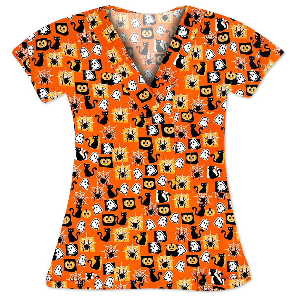 9904-3193M - Ladies 3 Pocket V-Neck Scrub Top - HALLOWEEN FRIENDS