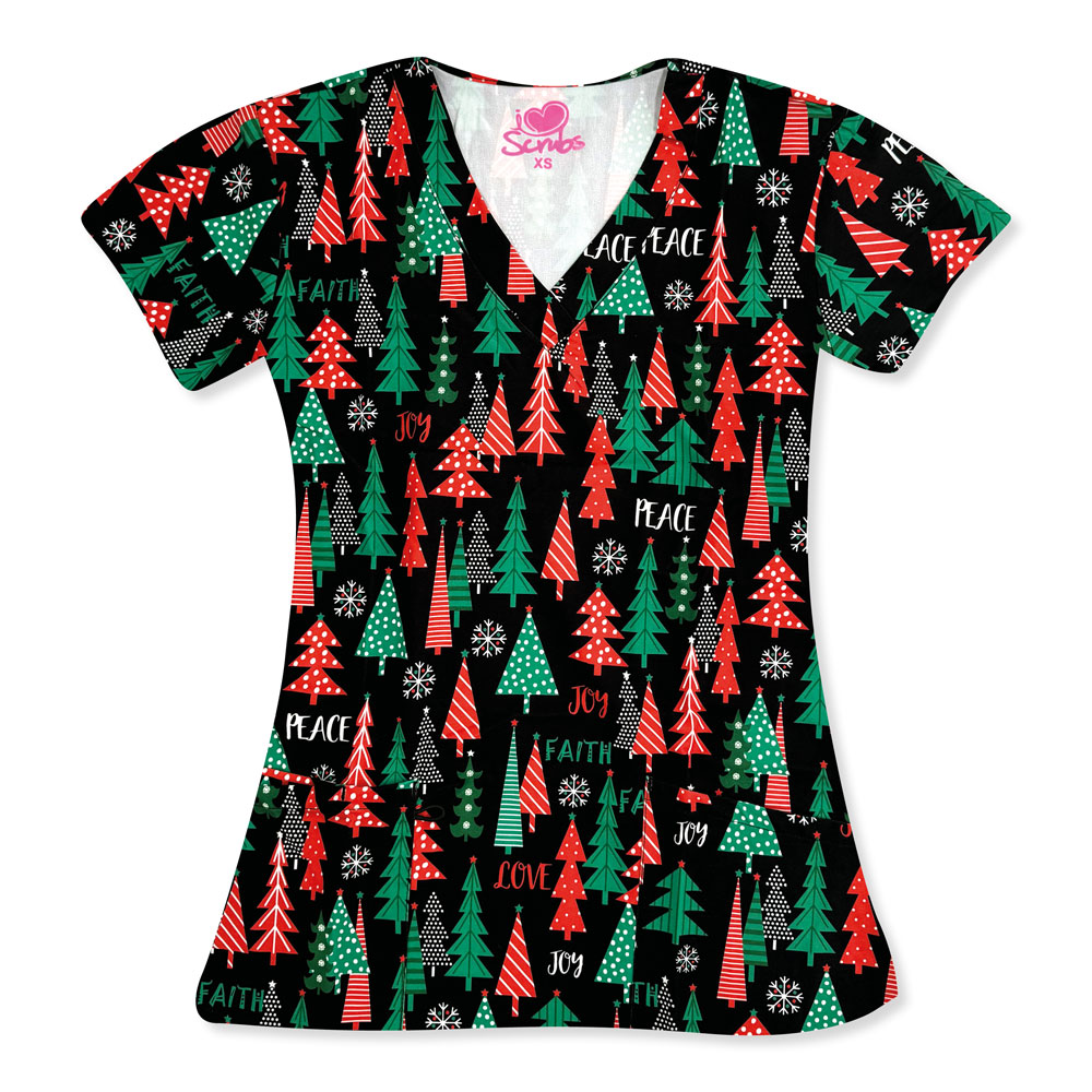 I-Love-Scrubs-5210-3515-Ladies-2-Pocket-V-Neck-Top-PEACE-LOVE-FAITH-ON-THE-PINES