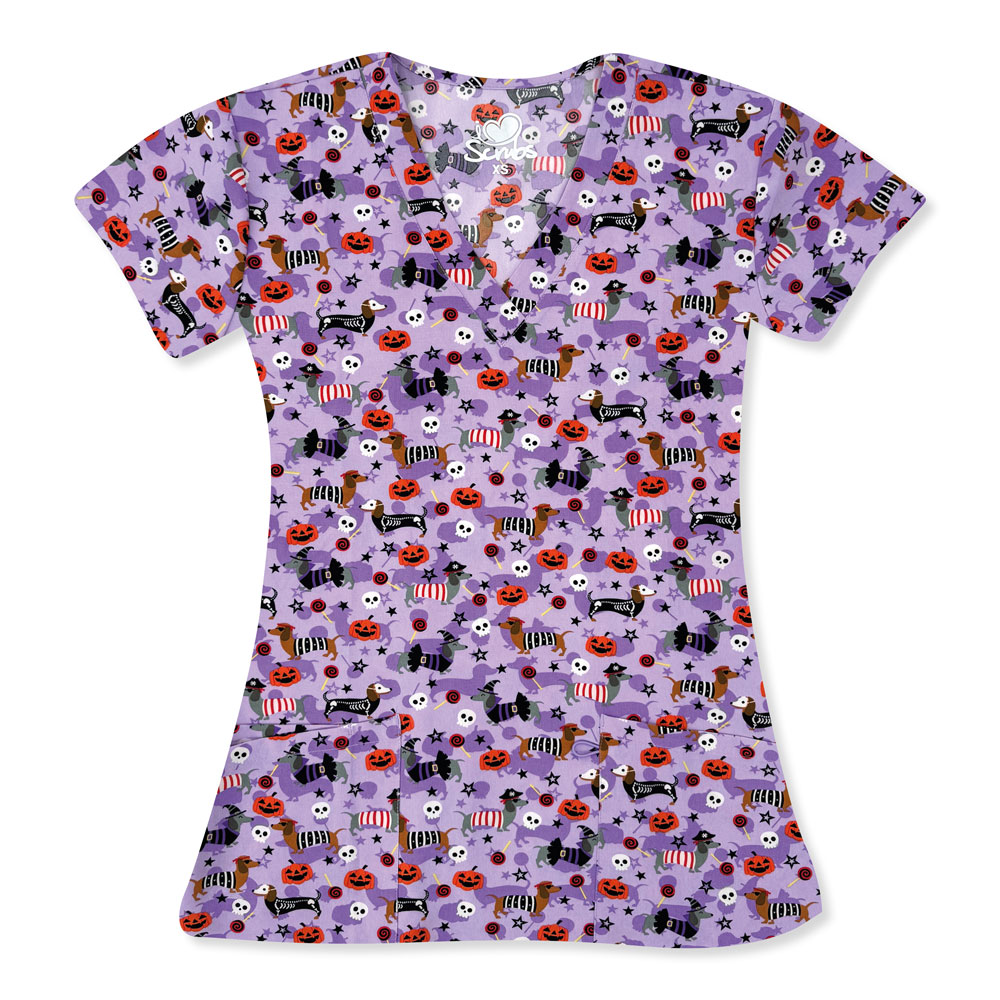 I-Love-Scrubs-5210-3521-Ladies-2-Pocket-V-Neck-Top-DOXIE-TRICKS-AND-TREATS