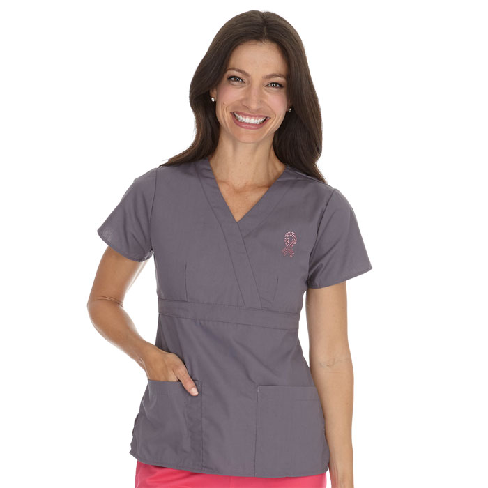 156BC - Ladies Mock Wrap Scrub Top with Bling Breast Cancer Ribbon