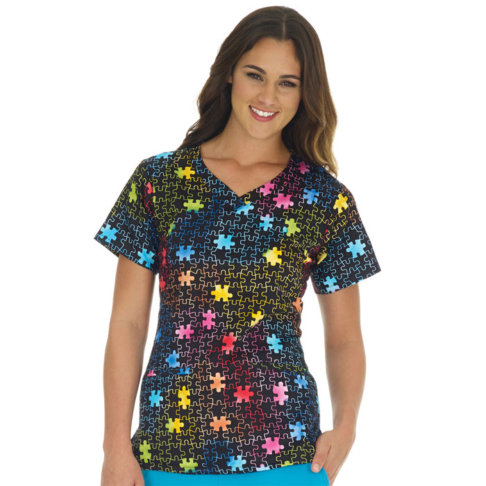 V-Neck Scrub Top, Rainbow Puzzle