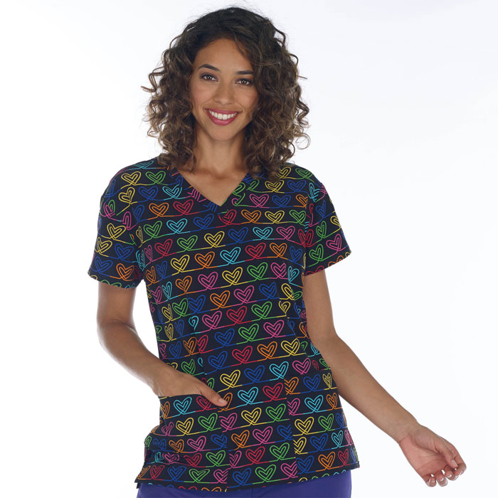 Womens Scrubstar 3XL Scrub Top Hearts Valentines Pink Black White V Neck 