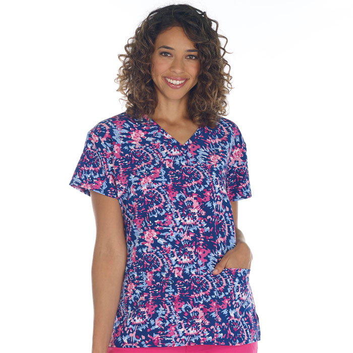 5284-2148S - Ladies 2 Pocket V-Neck Top - Candy Tie Dye