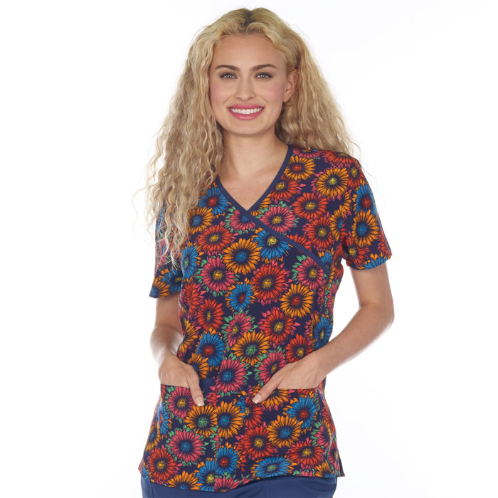 5288-3120S - Ladies Mock Wrap Top - BOLD DAISIES