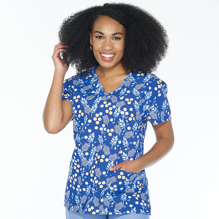 Scrubfinity-5315-1890M--Ladies-V-Neck-2-Pocket-Scrub-Top-Blue-Branches