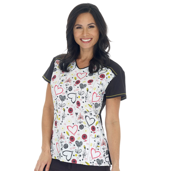 5326-1292 - Eased V-Neck Color Block Scrub Top - Forest Hearts