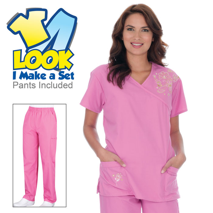 7069-1020 - Fuschia Set - Embroidered Set - Scrub Set - Sets - Scrub Sets - Flowers