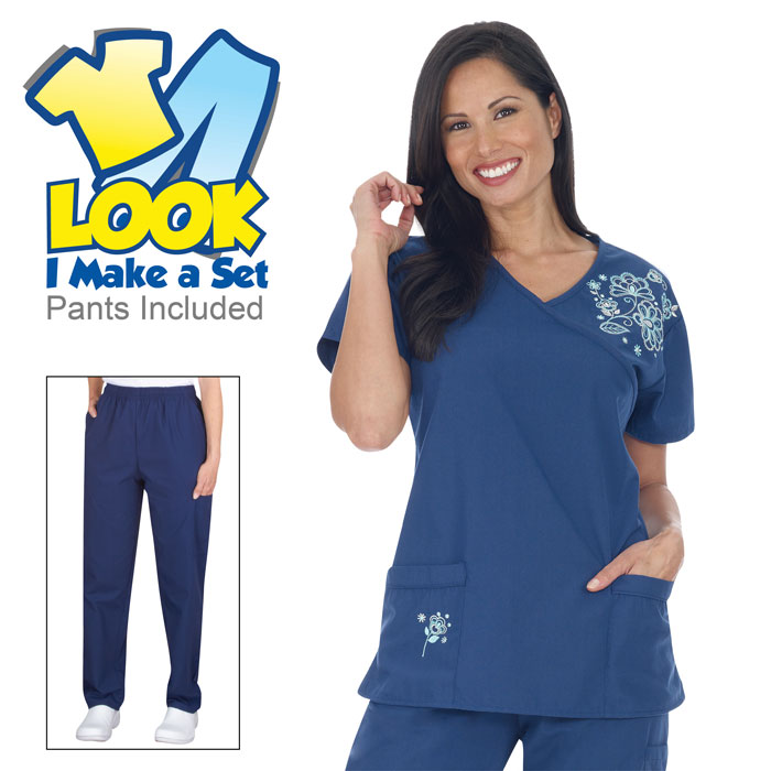 7069-14 - Navy Set - Embroidered Set - Scrub Set - Sets - Scrub Sets - Flowers