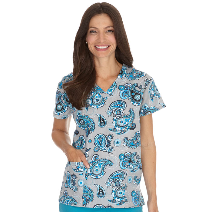 9000-1022 - Ladies V-Neck Top - Turquoise Paisley Floral