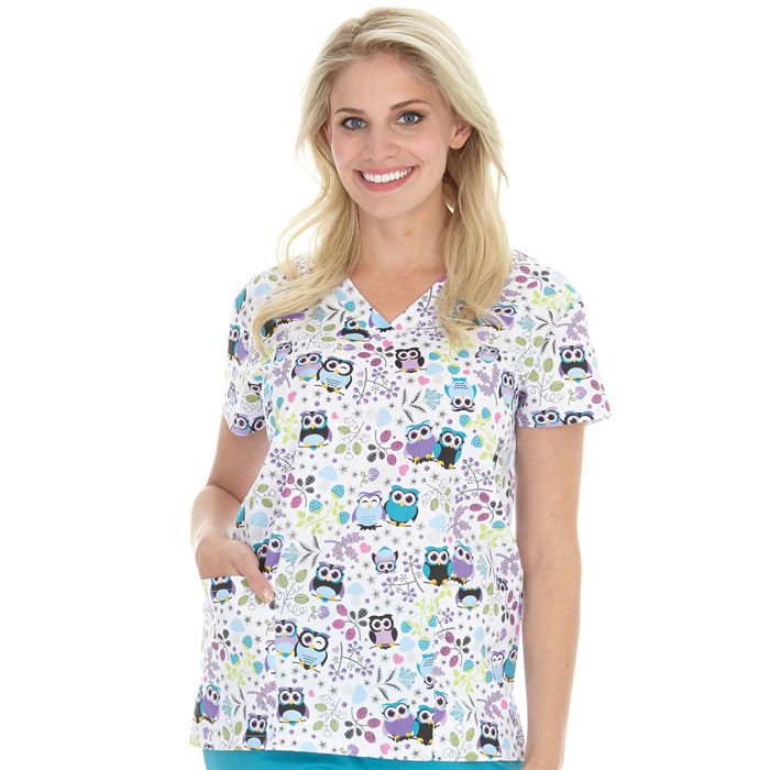 9000-1036 - Ladies - 2 Pocket Top - Owls and Fauna