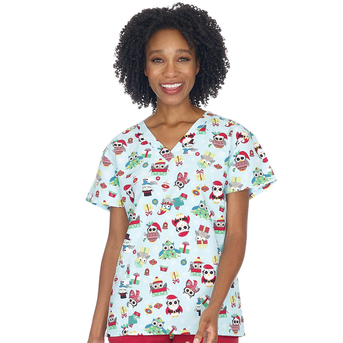 9000M-1321 - Ladies 2 Pocket V-Neck Top - OWL DRESSED UP 