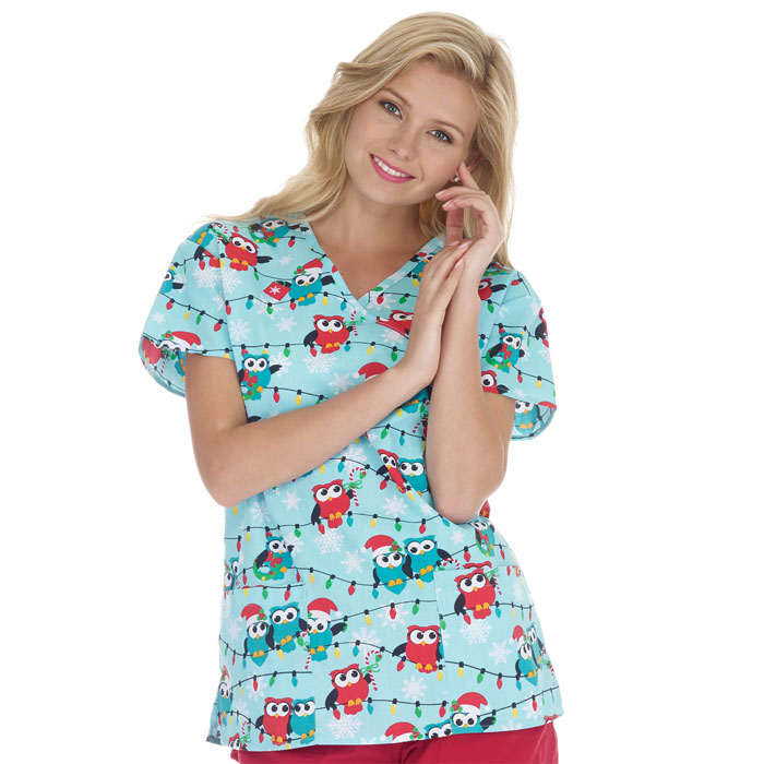 9100-1072 - Ladies Mock Wrap Top - Owl Be Home For Christmas