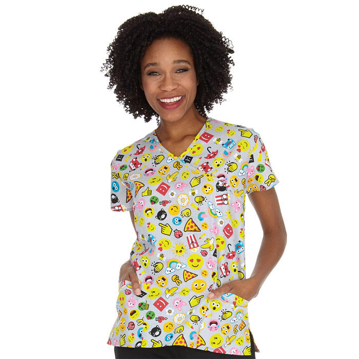 9100-1122 - Ladies Mock Wrap Top - 2 Pocket - Emoji Fun
