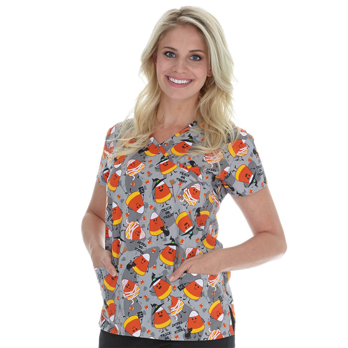 9100-1370 - Ladies Mock Wrap Scrub Top - Candy Corn Fun