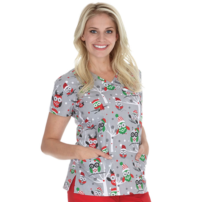 9100-1386 - Ladies Mock Wrap Scrub Top - Whoo's Ready For Christmas