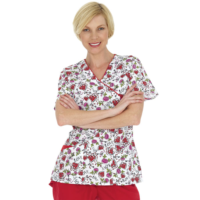 948-466 - Ladies - Key to My Heart White - 2 Pocket - Mock Wrap - Hearts