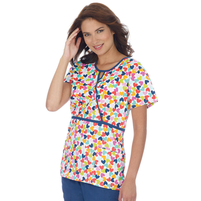 949-339 - Ladies - Puzzled Hearts Print - Contrast Mock Trim - 2 Pocket - Key Hole Neckline - Hearts