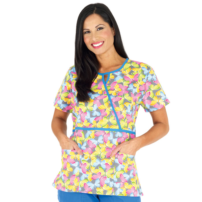 949-473 - Ladies - Contrast Mock Trim - 2 Pocket - Key Hole Neckline - Butterflies - Butterfly Circus