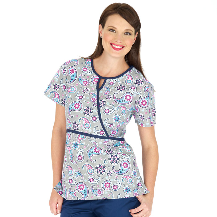949-480 - Ladies - Contrast Mock Trim - 2 Pocket - Key Hole Neckline - Flowers - Deco Paisley Floral