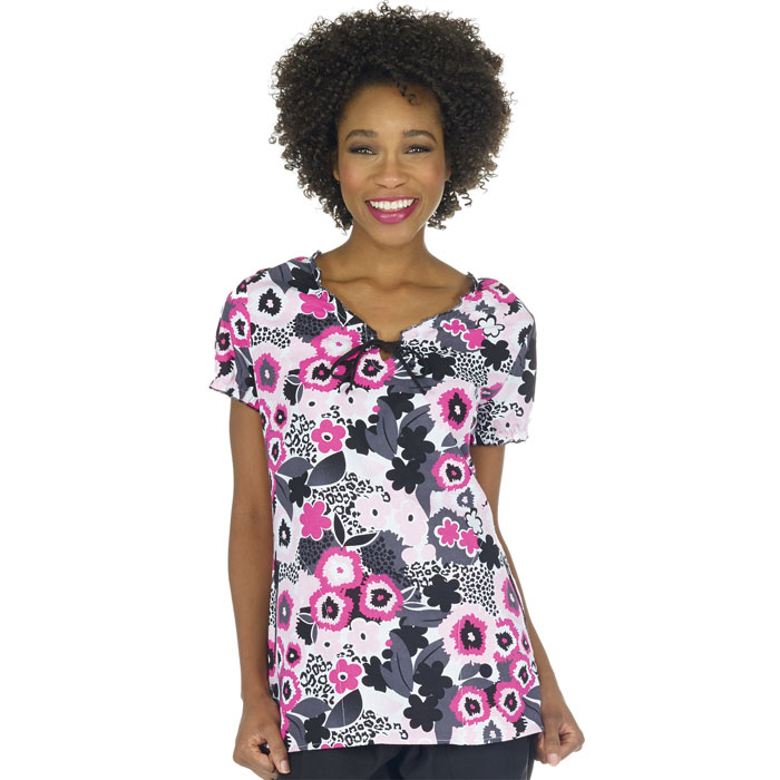 952-773C - Ladies Jewel Neck Ruffle Top - Cheetah Pop