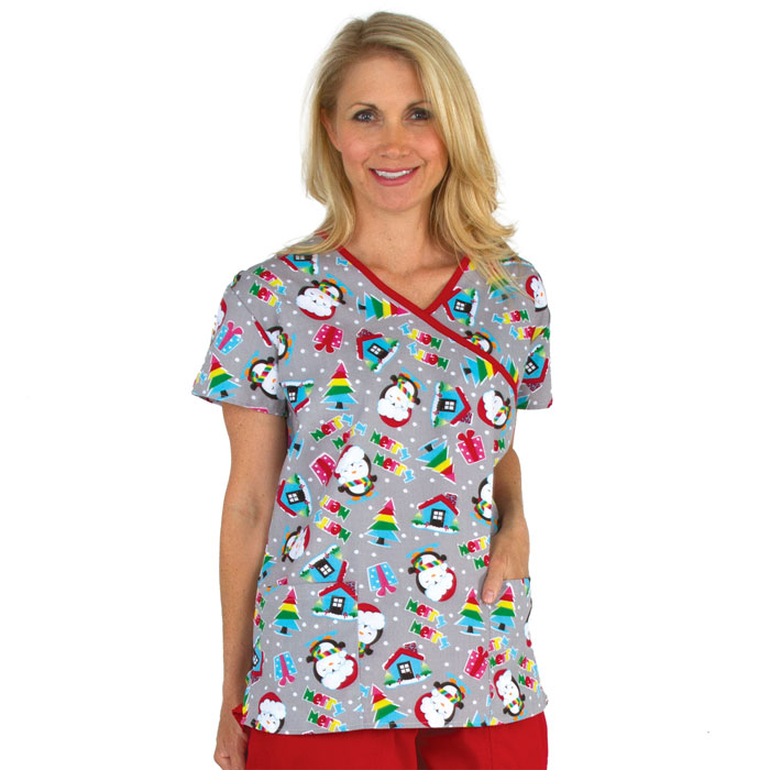 9903-682 - Ladies Mock Wrap Scrub Top - Penguin Party